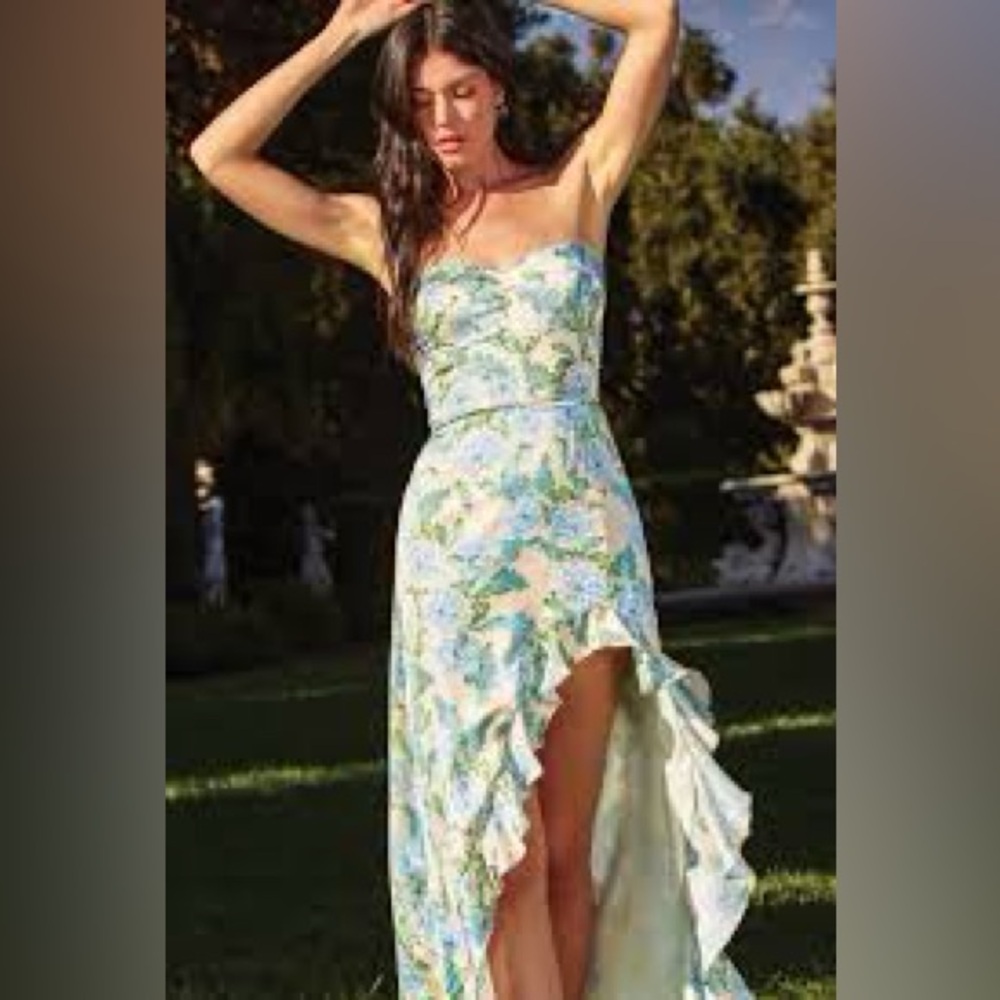 Dress Forum Strapless Floral High-Low Dress in Pastel Blue and Green